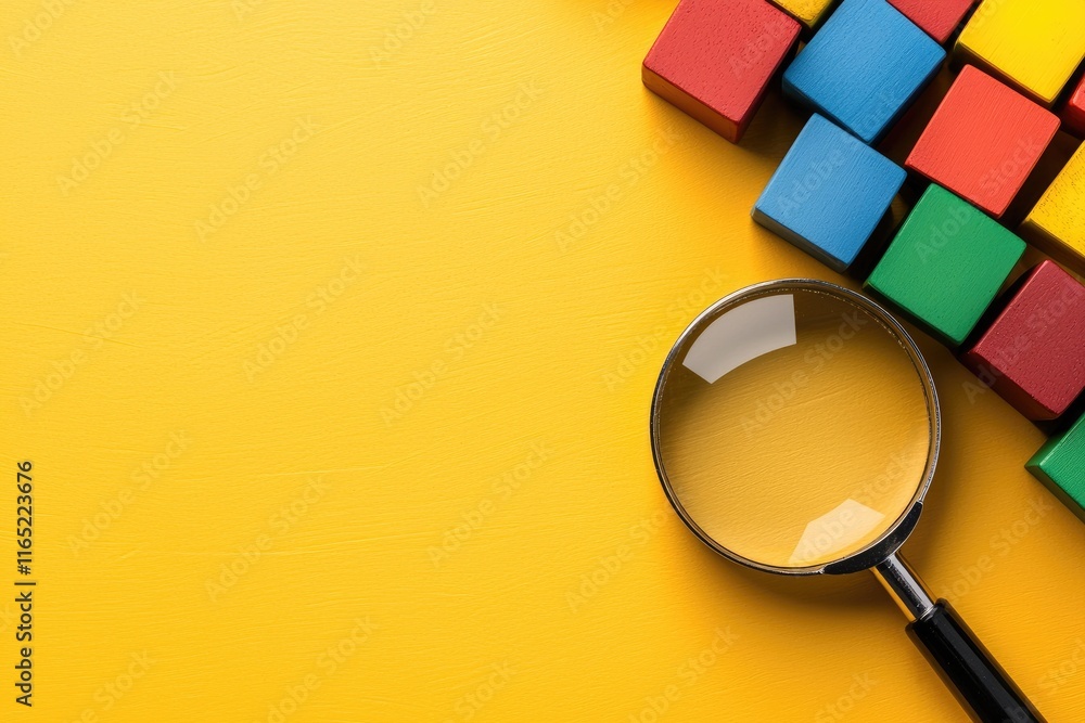Poster exploring colorful building blocks on yellow background with magnifying glass creative workspace fla