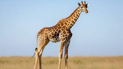 Obraz premium Giraffe observing the savannah african grasslands wildlife photography natural habitat side view animal behavior