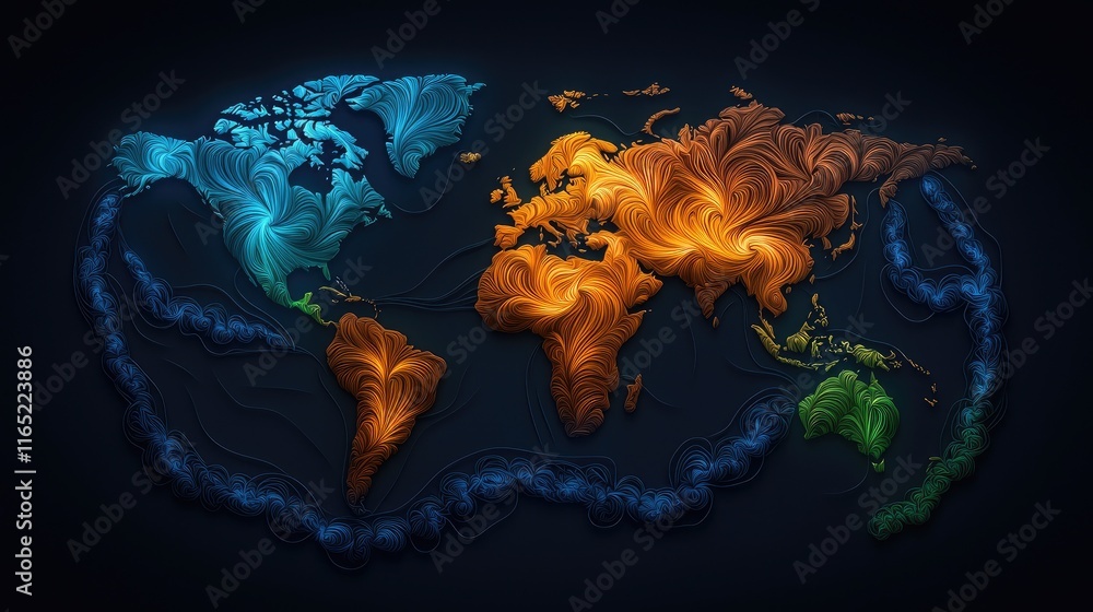 Poster dynamic flow visualization of earth's continents global map digital art dark background abstract rep