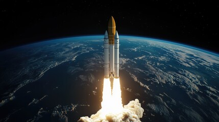Fototapeta premium Rocket launch event from earth space exploration digital imagery outer space environment aerial view innovation concept