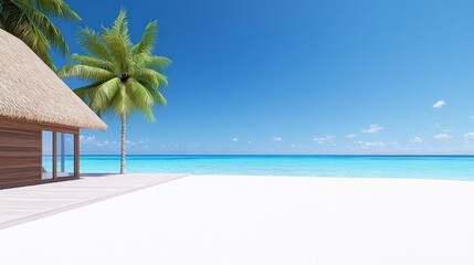 Serene beach view with palm trees and clear blue ocean.