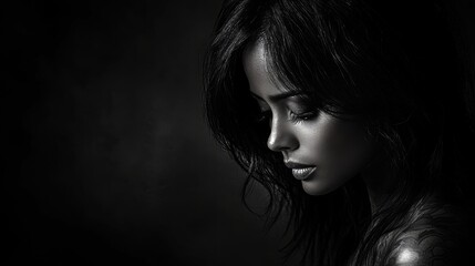 Naklejka premium Pensive Woman, Black and White Portrait