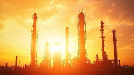 Silhouette of Oil Refinery Plant with Towers at Sunset