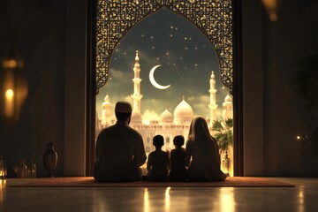 Muslim Family Witnessing Majestic Mosque at Night