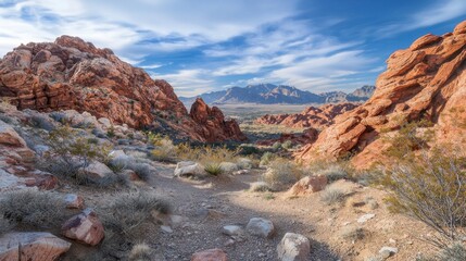 Obraz premium Scenic Desert Landscape Red Rock Formations Mountain Vista Hiking Trail