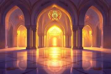 Golden Light Illuminates Grand Palace Hallway