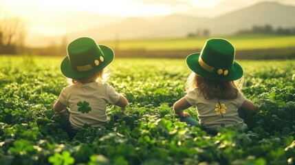 A St. Patrick Day gold coin hunt with kids searching through shamrock-covered fields, styled with leprechaun hats