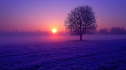 Solitary Tree in Purple Lavender Field at Sunrise