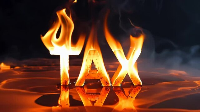 Tax word with letters on fire. Concept of higher tax rate