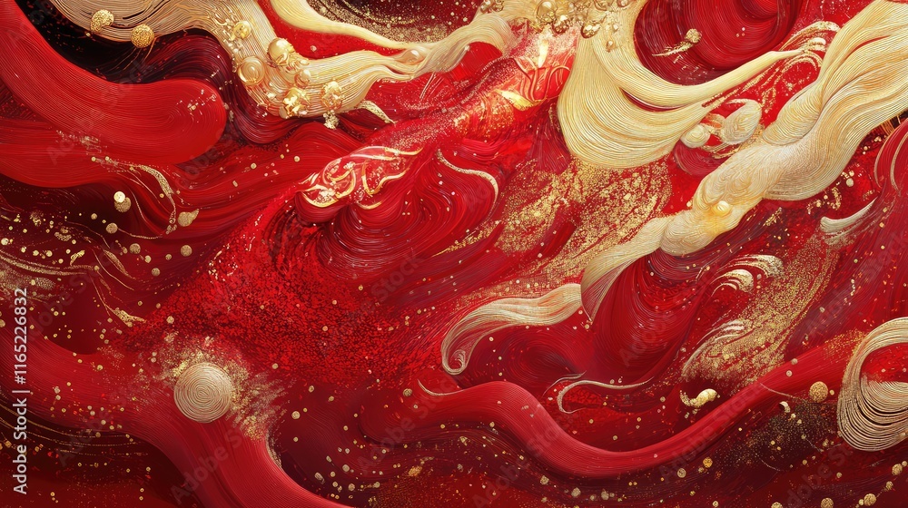 Poster flowing red fabric-inspired textures with golden accents and glowing abstract patterns.