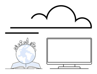 Cloud above a globe sprouting technology and ideas from an open book next to a computer monitor. Ideal for education, online learning, global connectivity, digital transformation, technology