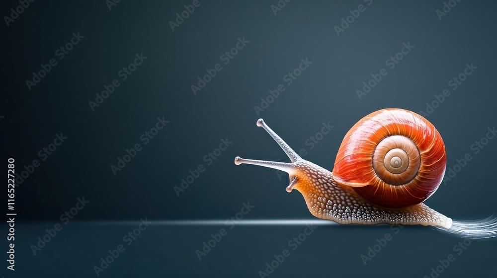 Poster a close-up of a snail with a vibrant shell on a dark background.