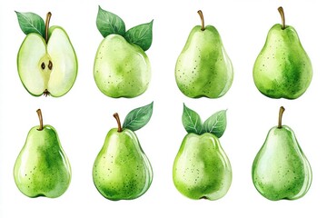 Watercolor Green Pears and Apple