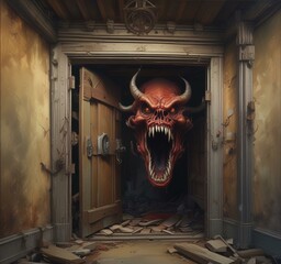 Illustration of creepy monster in dark room.