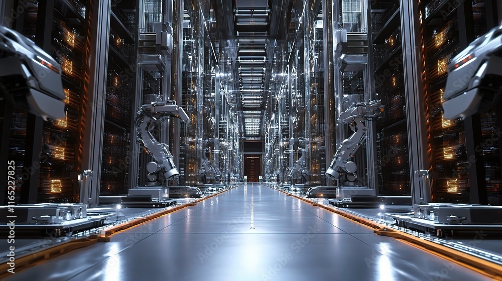 Aufkleber automated warehouse 3d rendering featuring robotic arms and pathway
