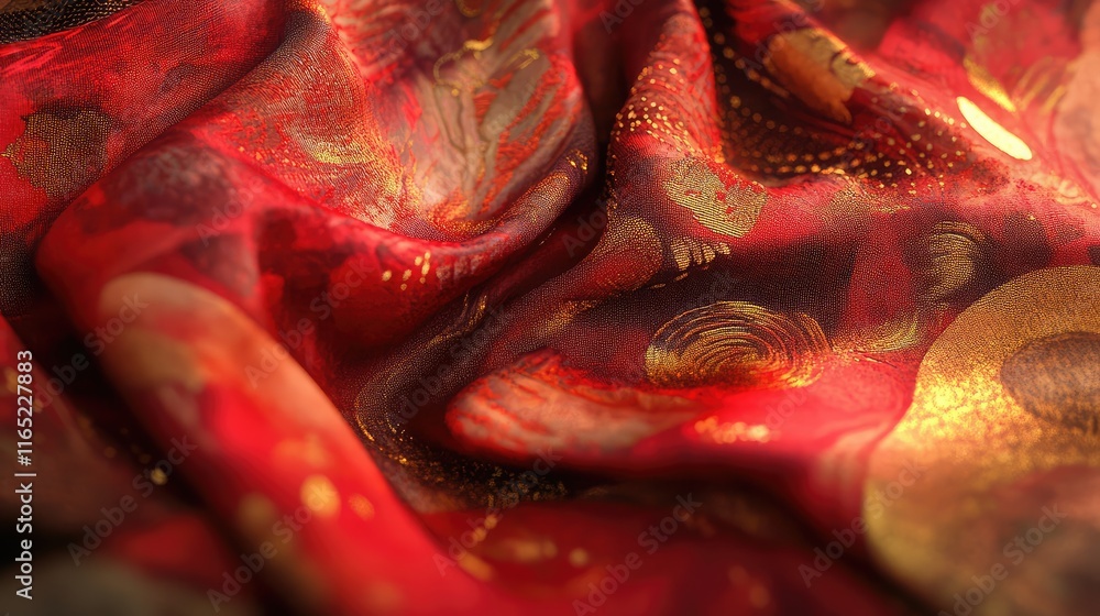 Poster flowing red fabric-inspired textures with golden accents and glowing abstract patterns.