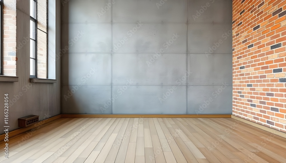 Poster a stock photo captures a modern concrete room featuring a rustic brick wall on one side, an empty wo