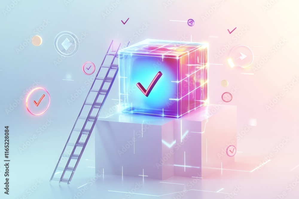 Poster achieving success: a 3d render of a check mark cube and ladder