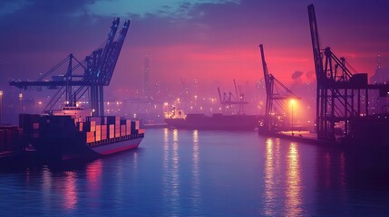 Obraz premium Industrial Port Scene with Cranes, Cargo Ship, and Twilight Sky