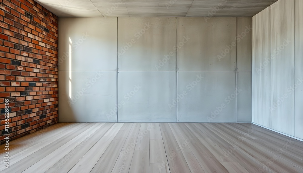 Poster a stock photo captures a modern concrete room featuring a rustic brick wall on one side, an empty wo