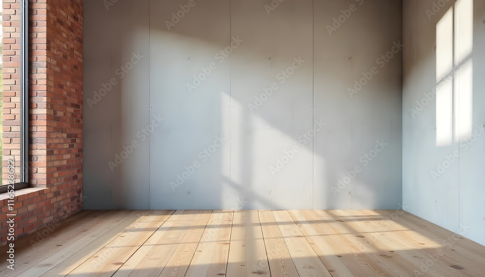 Poster a stock photo captures a modern concrete room featuring a rustic brick wall on one side, an empty wo