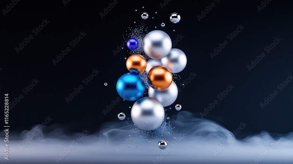 Poster a cluster of colorful spheres floating in a misty background.