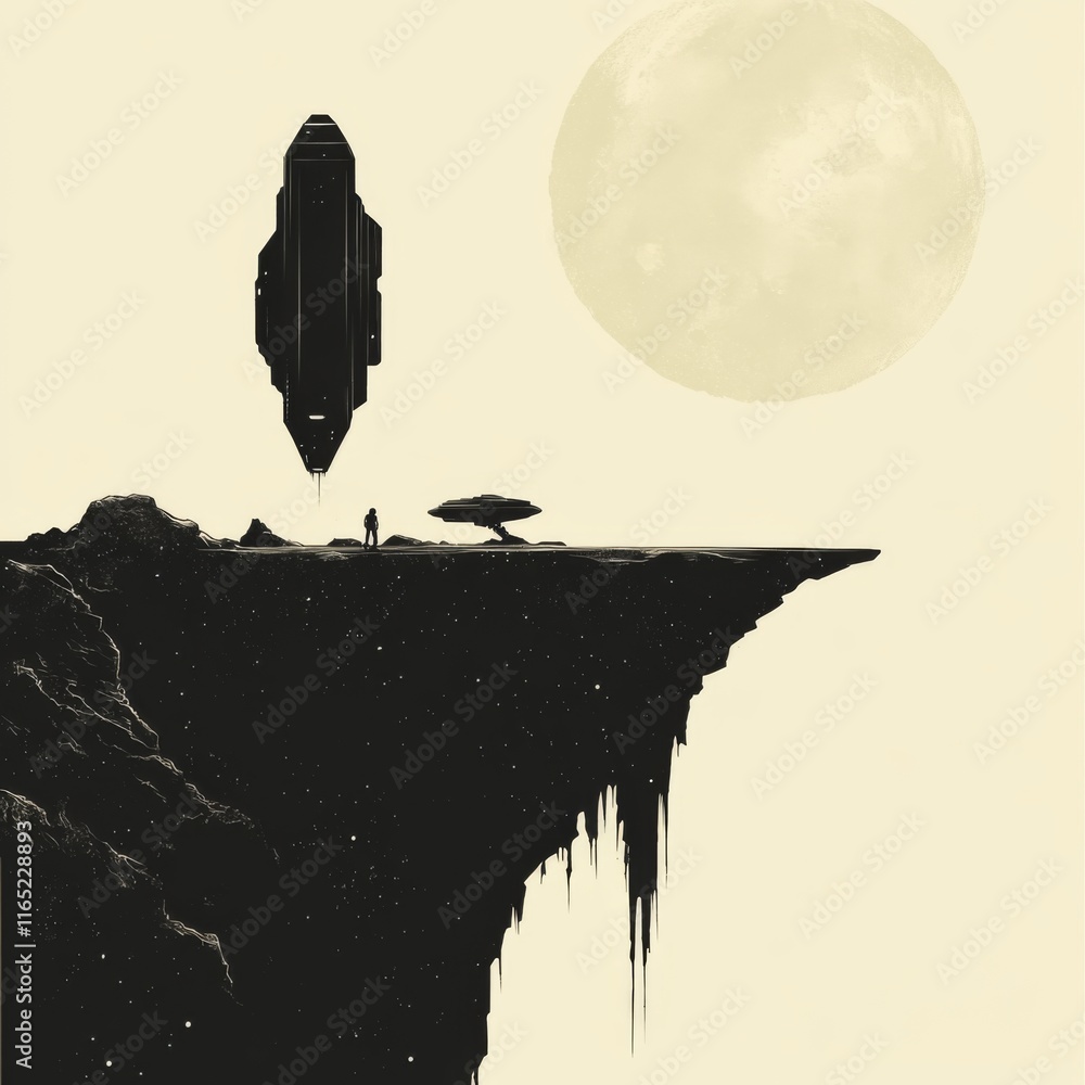 Poster silhouette of a spaceship hovering over a desolate cliff edge under a large moon.