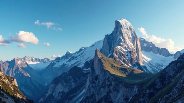 Majestic snow-capped mountain range under a vibrant blue sky, showcasing dramatic peaks and verdant valleys
