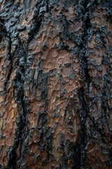 Close-up of textured tree trunk, brown, black.