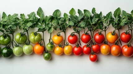 Colorful cherry tomatoes on the vine, arranged in a row on white background.