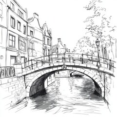 Fototapeta premium Sketch of a quaint canal bridge and buildings.