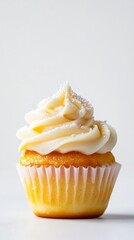A Delectable Vanilla Cupcake with Creamy Frosting and Sprinkles.  A Perfect Sweet Treat for Any Occasion.  Enjoy a Taste of Happiness.  A Delightful Bite of Happiness.  A Sweet and Simple Treat.