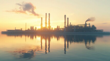 Twilight Reflections of a Refinery Plant by the Water's Edge