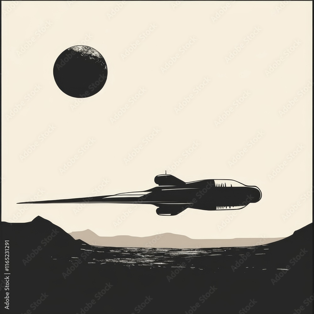Poster spaceship flying over a desert planet with a large moon.