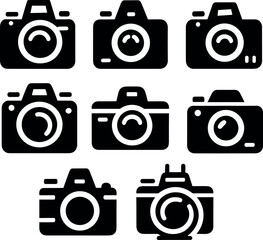 Collection of camera icons in monochrome style, featuring photography equipment 