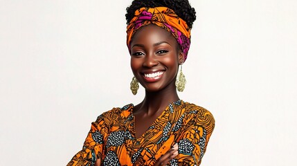 Fototapeta premium Confident Smiling African Woman with Arms Crossed in Colorful Attire