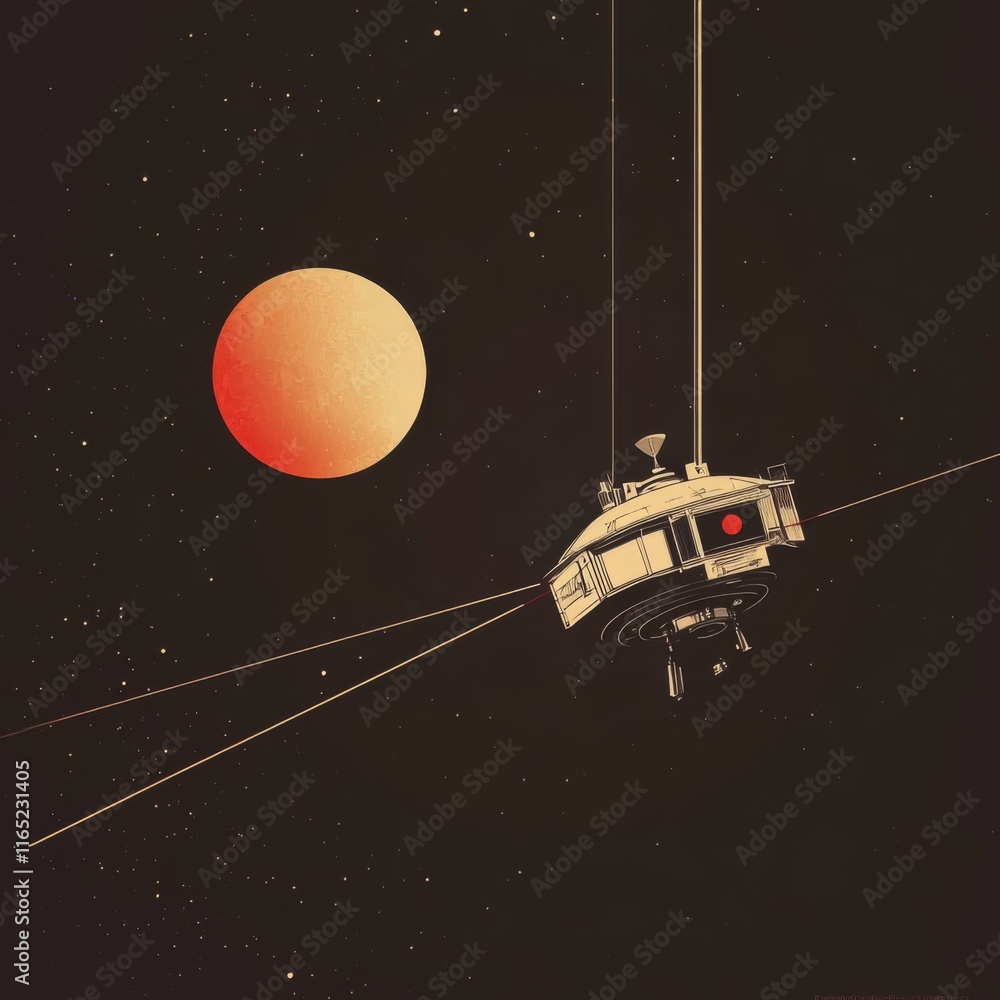Poster spacecraft orbiting a red planet in deep space.