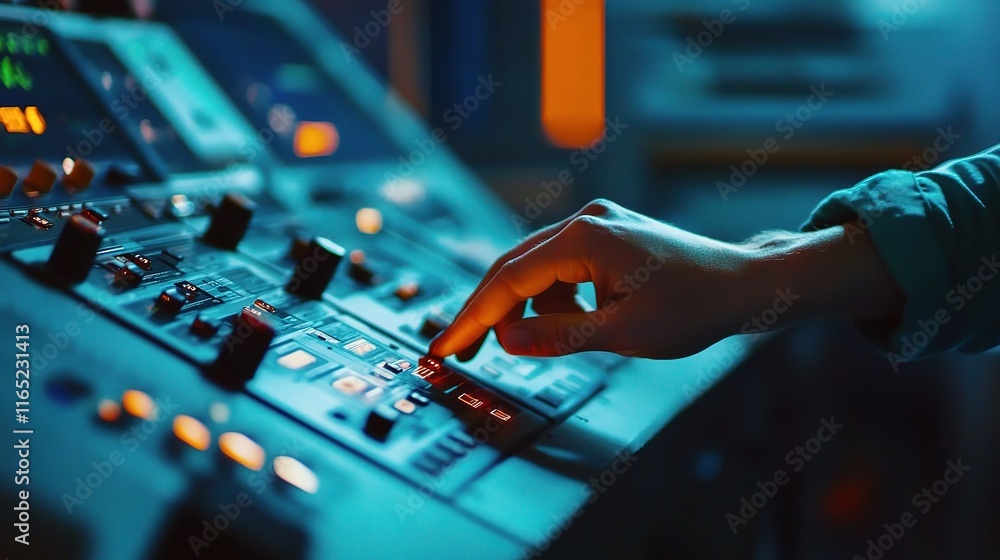 Poster worker operating digital control panel in high-tech environment