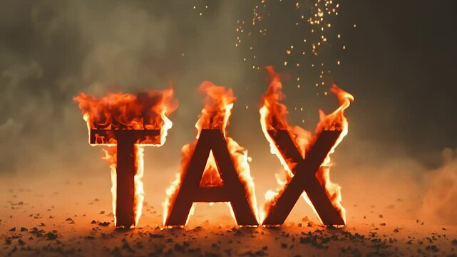 Tax word with letters on fire. Concept of higher tax rate