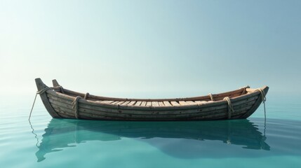 A weathered wooden rowboat floats serenely on calm, teal water under a pale sky