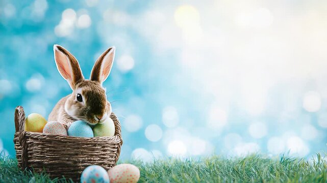 Little bunny in basket with decorated eggs. Easter eggs, Easter holiday concept