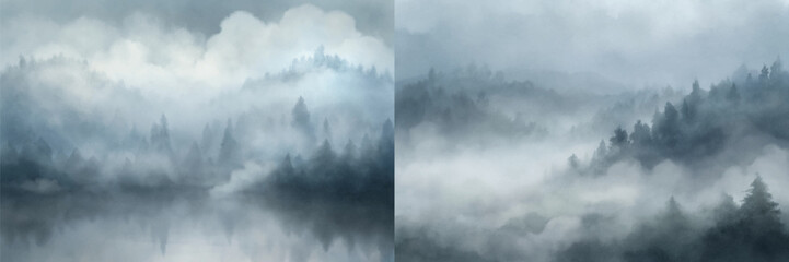 Misty mountains and forests reflected in calm waters create a serene and picturesque scene.