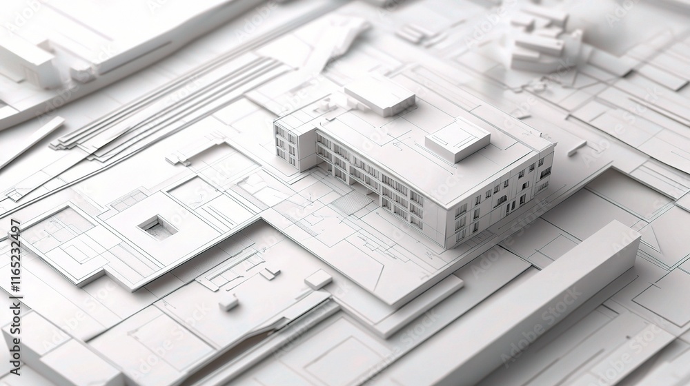 Poster detailed architectural workspace with plans and tools in view