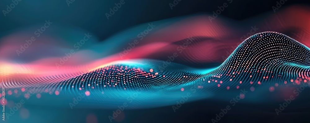 Poster cosmic abstract background idea. abstract digital landscape with flowing waves and glowing particles
