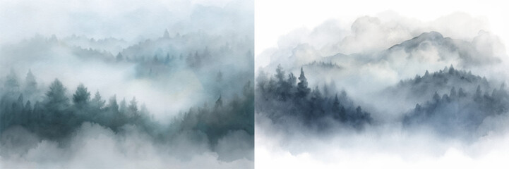Serene misty landscape featuring dark trees and soft fog enveloping distant mountains.
