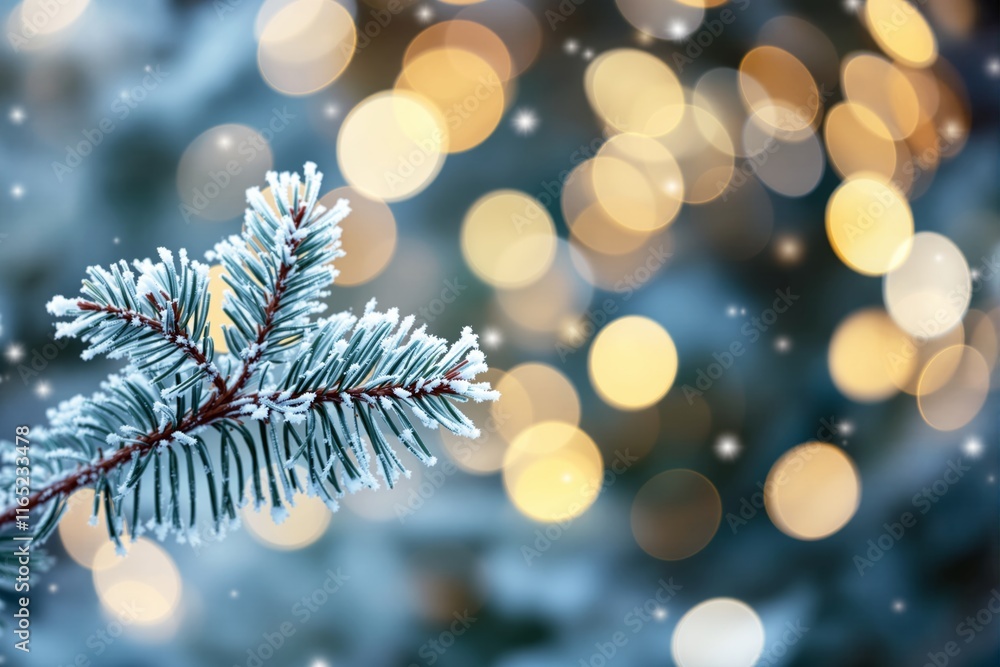 Aufkleber close-up of frosted pine branch coated in snow with blurred glowing bokeh lights in the background. 