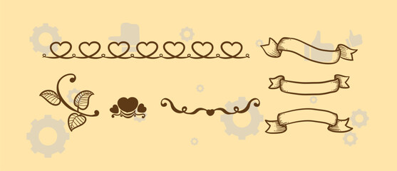 Hand drawn vintage floral wreaths, frames with flowers and ribbon bows. Trendy greenery elements in line art style. Vector for label, corporate identity, wedding invitation, card