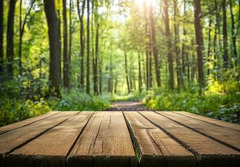Empty wooden table top with blurred spring forest background