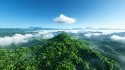 Fototapeta premium Lush green mountain landscape with clouds and mist.