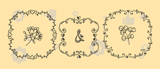 Hand drawn vintage floral wreaths, frames with flowers and ribbon bows. Trendy greenery elements in line art style. Vector for label, corporate identity, wedding invitation, card